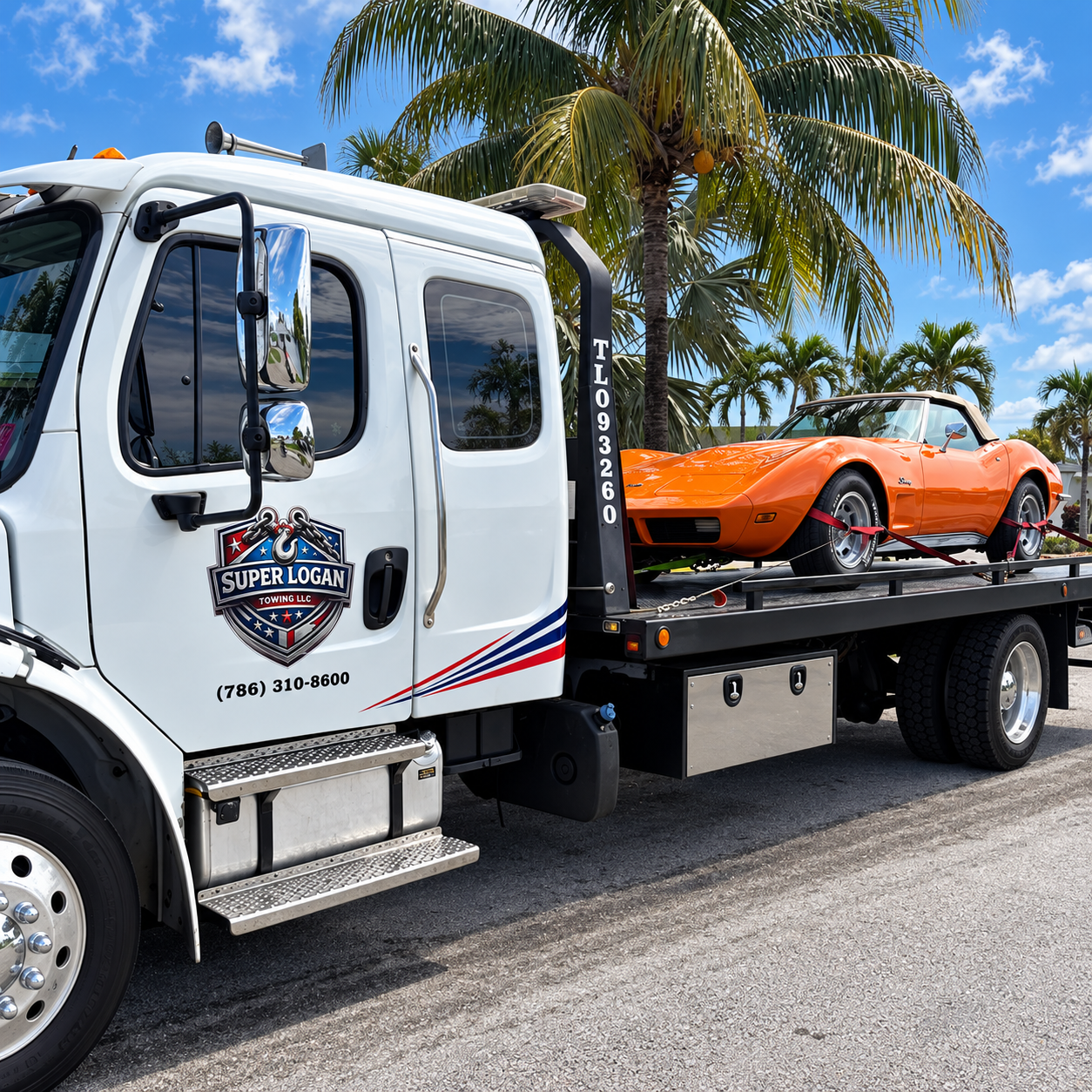 Orange classic Corvette secured on a Super Logan flatbed
