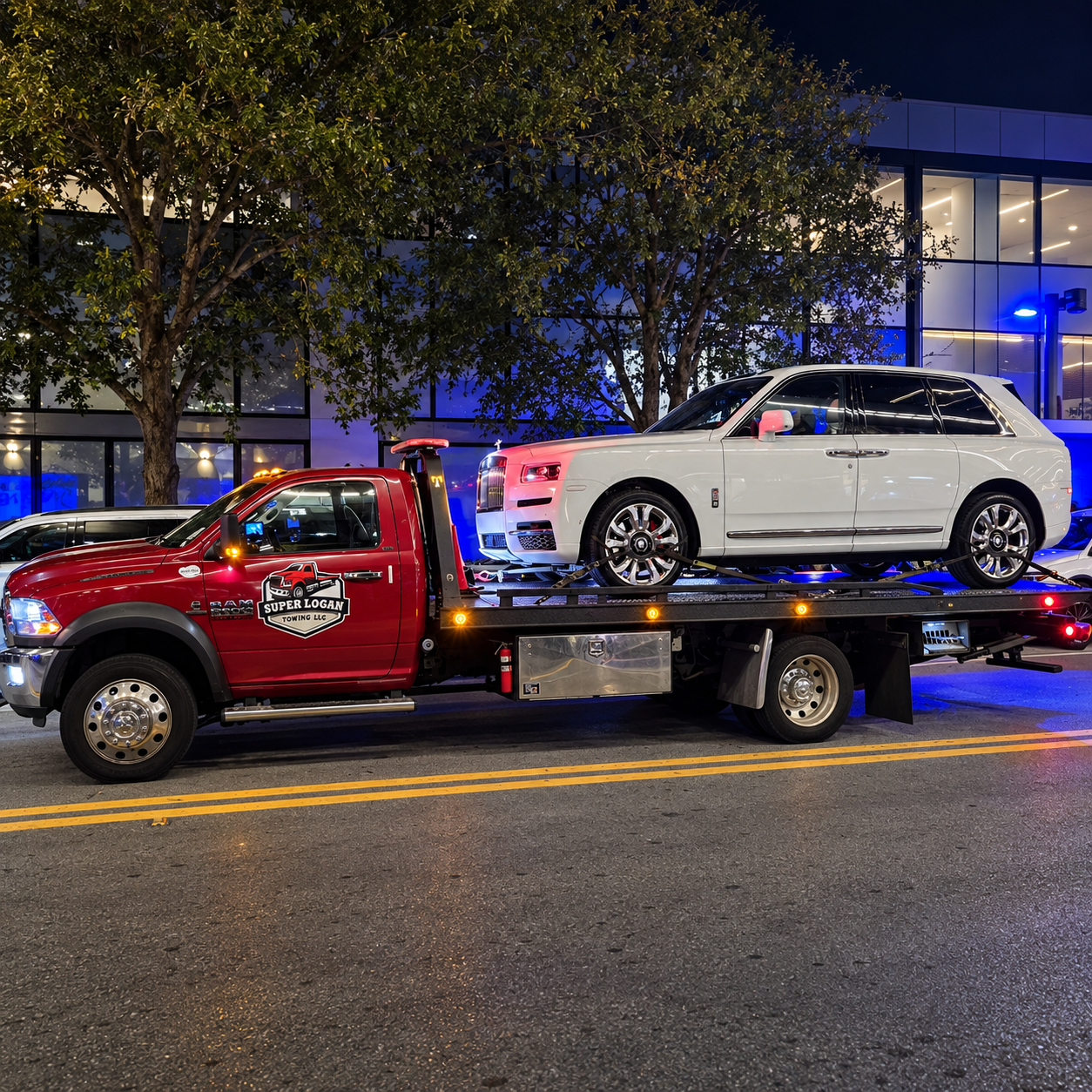 White Rolls-Royce transported on a red flatbed at night