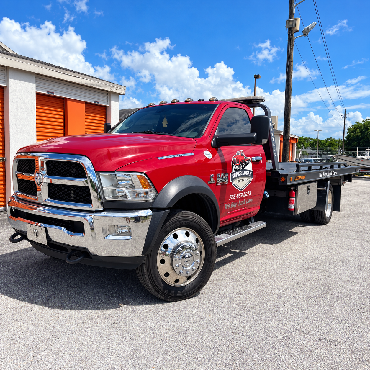 Red Super Logan flatbed tow truck