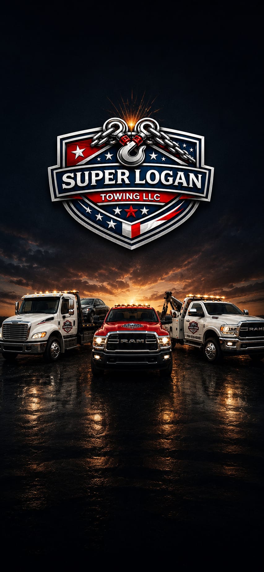 Super Logan Towing promotional artwork featuring the company emblem and three tow trucks
