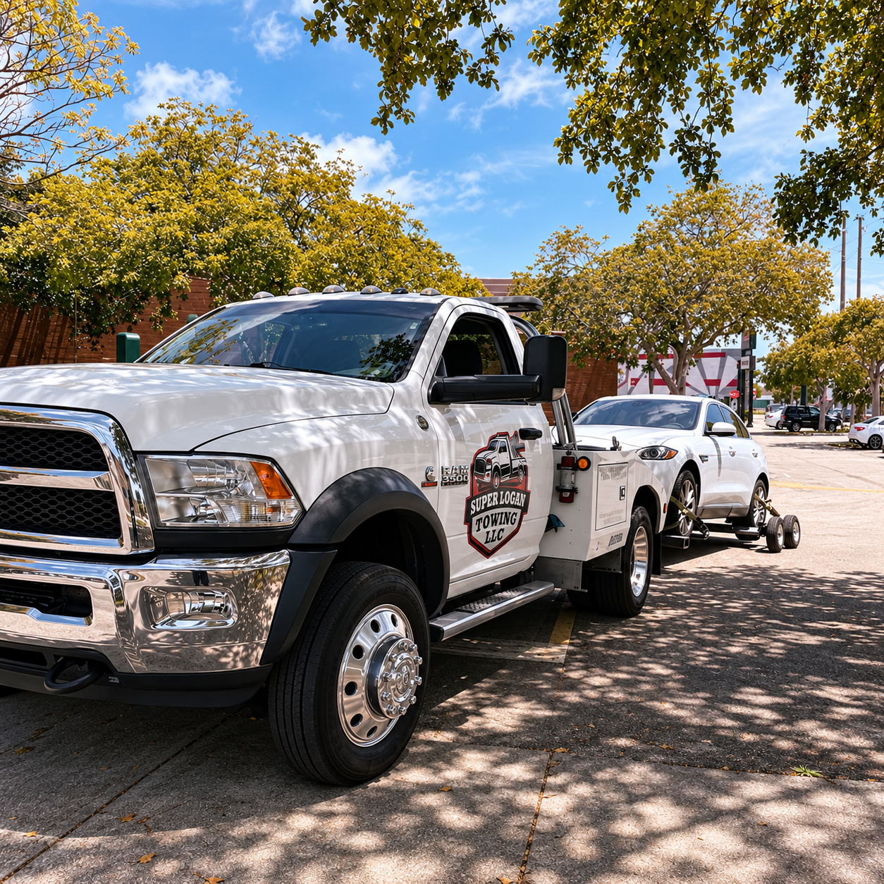 White Super Logan wheel-lift truck towing a white SUV