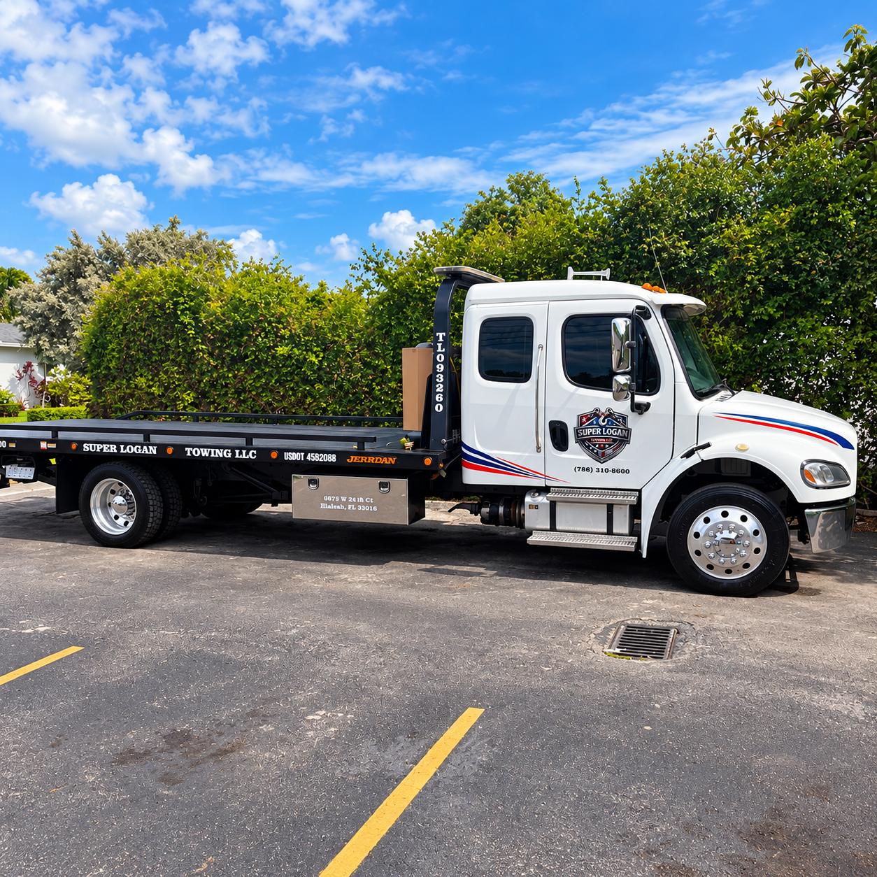 White Super Logan flatbed tow truck parked outdoors